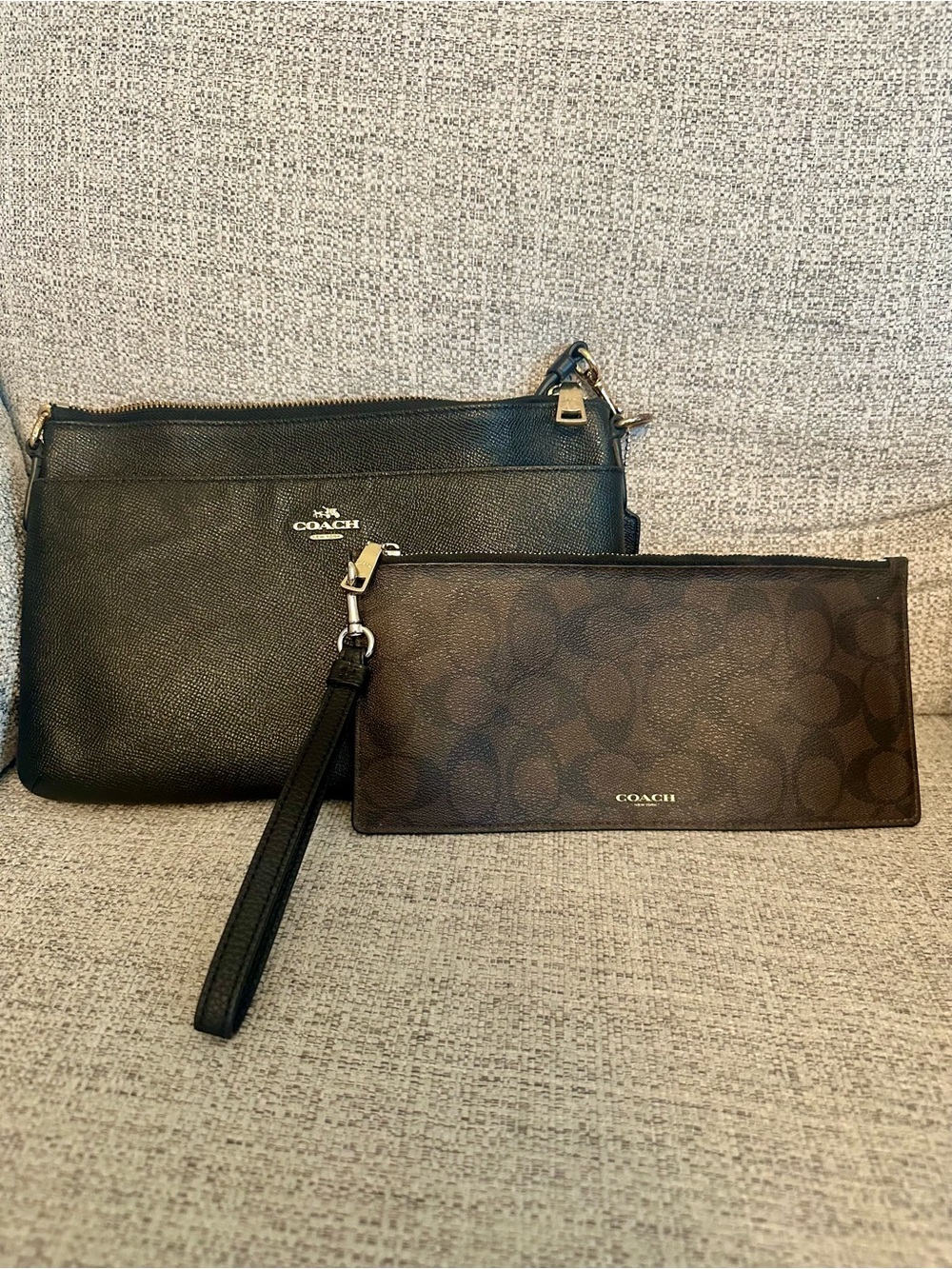 Coach Black Leather Crossbody Bag Signature Wristlet Pouch 2 Piece Set